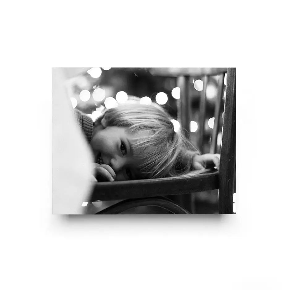 Child peeking through wooden slats in soft light for 16x20 Cove Photo Mount