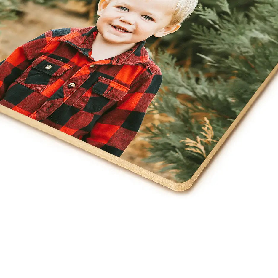 Young boy in red and black plaid shirt on 16x20 photo tile wood print vintage