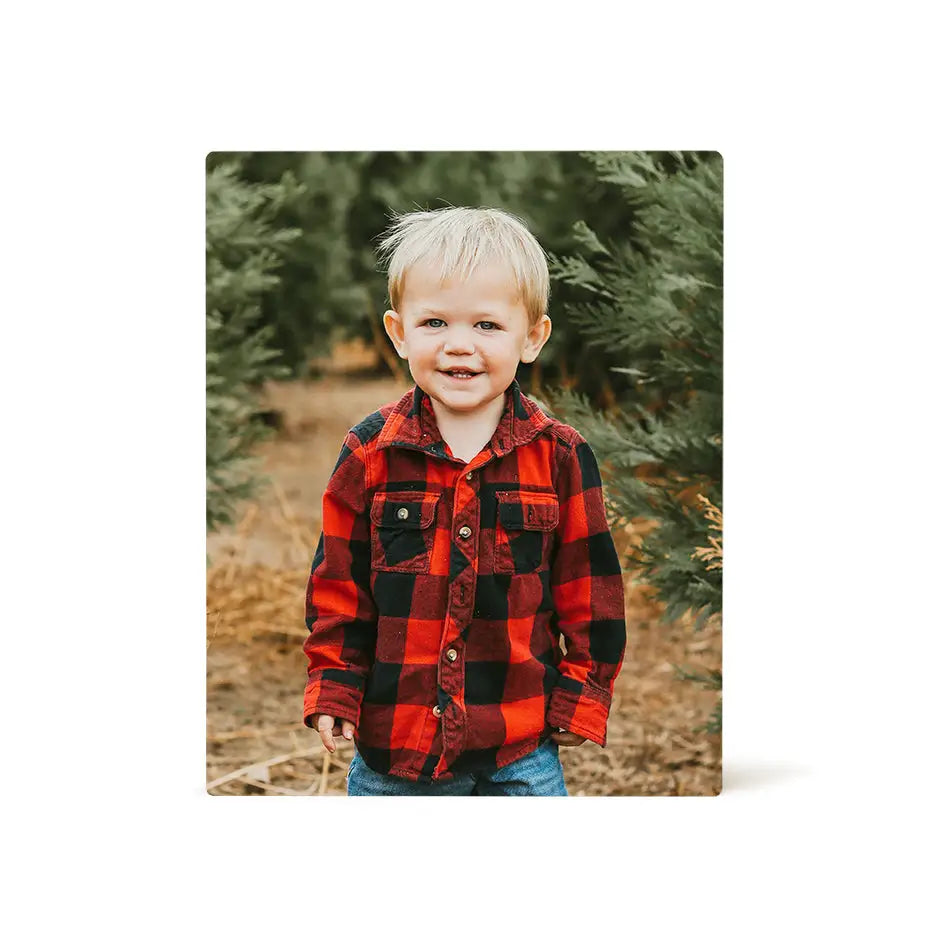 Young boy in red and black plaid shirt on a 16x20 photo tile wood print vintage