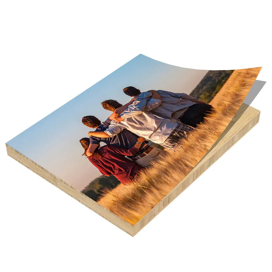 Two people walking down a path on a 20x30 Bamboo Wood Print display