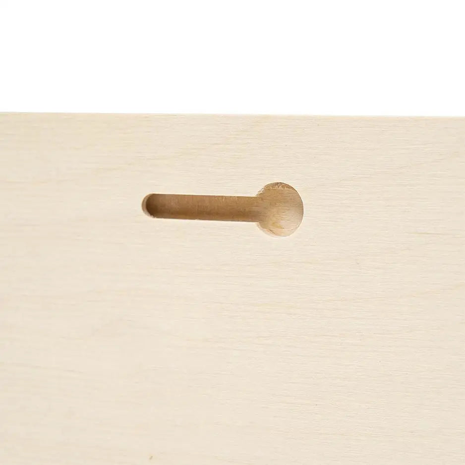 Wooden drawer with a hole in the middle, showcasing a 20x30 blank birch panel