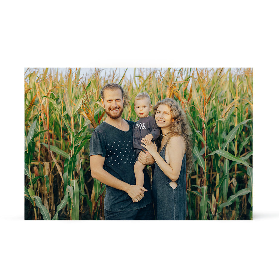 Family portrait in a cornfield on a 20x30 wood print, perfect for photo locket display