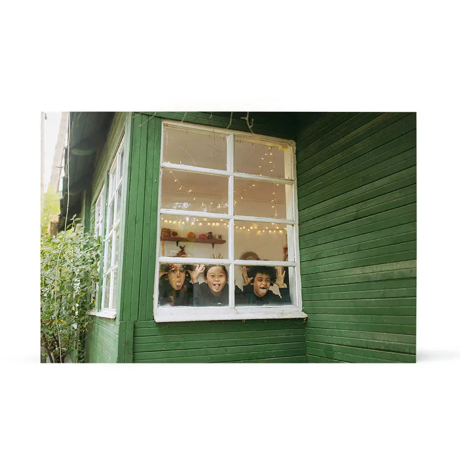 Green wooden building window with people, ideal for a 20x30 wood print decor