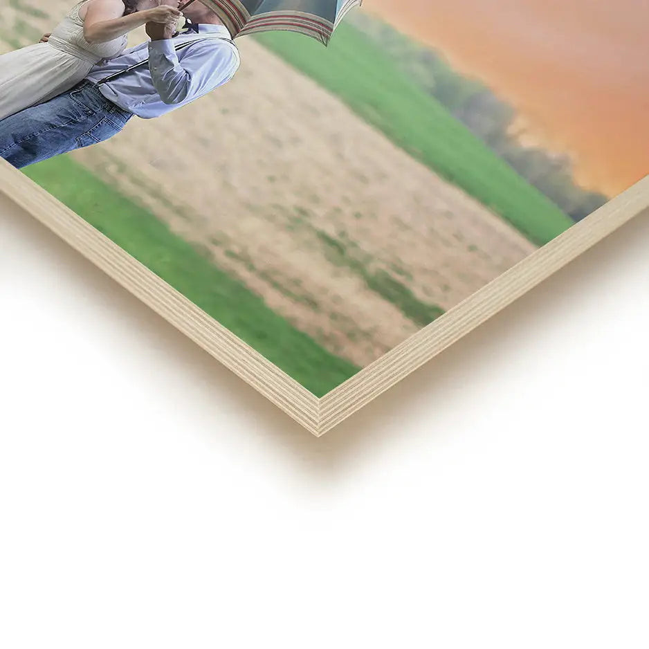 Man with umbrella over a field on a 20x30 wood print Bright White decoration