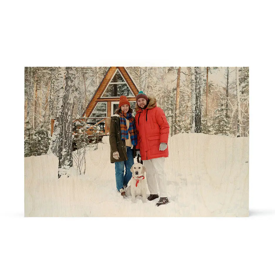 A-frame cabin nestled in a snowy forest for a stunning 20x30 wood print vintage display