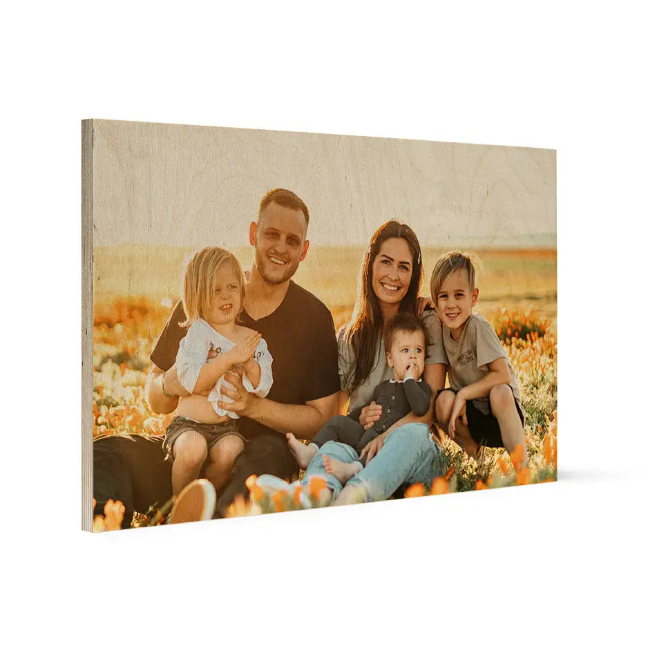 Family photo displayed on a wooden wall in a 20x30 wood print vintage style