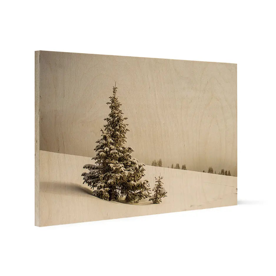 Snow-covered evergreen tree in winter landscape on 20x30 Wood Print Vintage