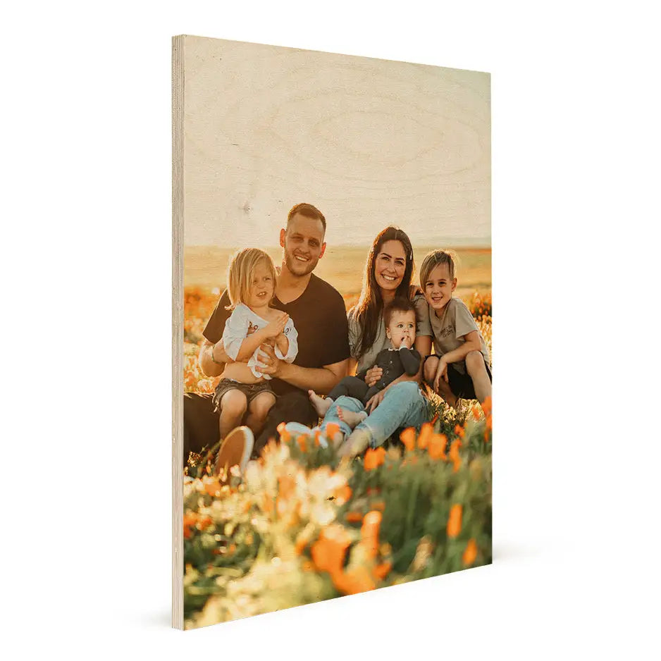 Wooden photo frame showcasing a family photo in 20x30 Wood Print Vintage design