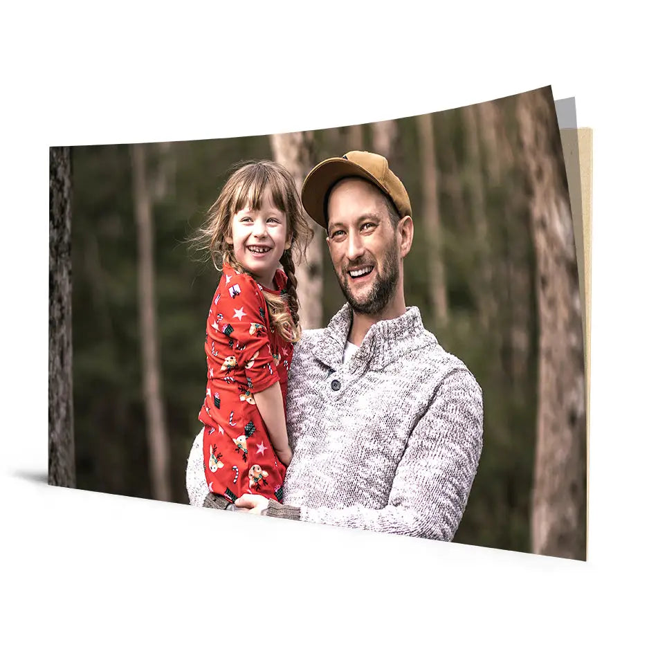 Father and daughter enjoying a hike in the woods, perfect for a 24x36 Cove Photo Mount