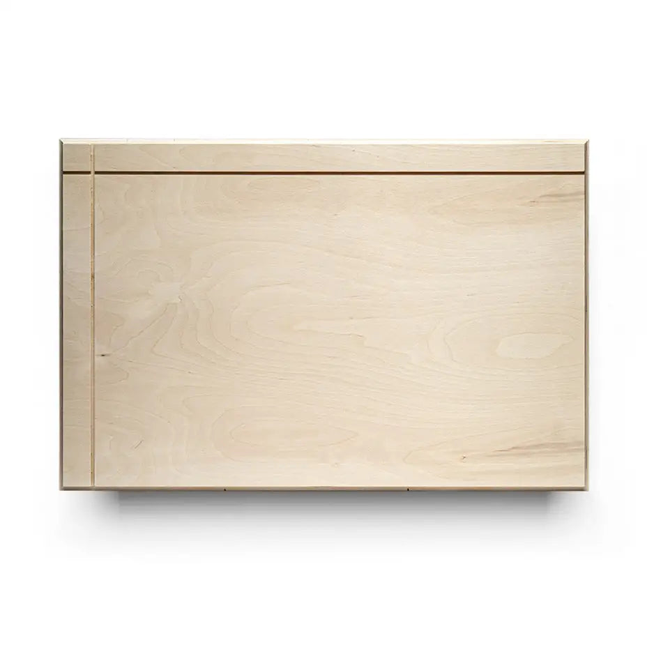 Wooden tray on a white background featuring a 24x36 Cove Photo Mount Print