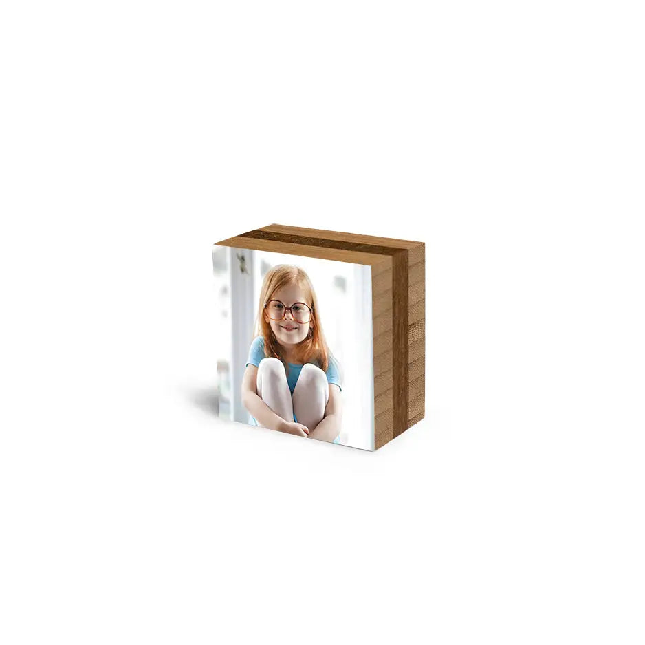 3x3 Bamboo Photo Block displaying a girl’s photo on a wooden locket-style base