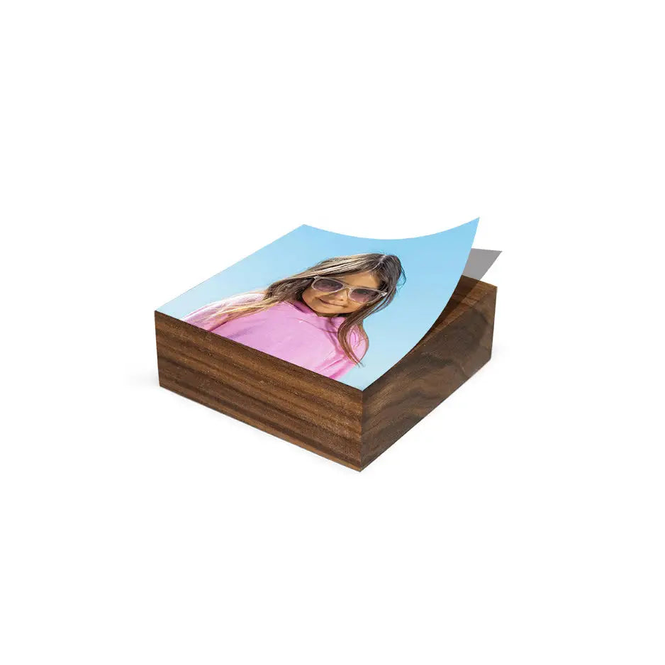 Wooden box featuring a woman’s photo on a 3x3 Black Walnut Photo Block