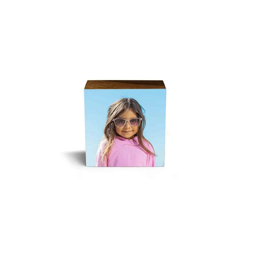 Girl in a pink shirt and sunglasses on a 3x3 Black Walnut Photo Block