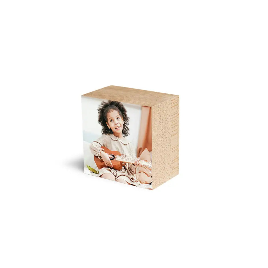 3x3 Maple Photo Block featuring a child’s photo on a wooden display