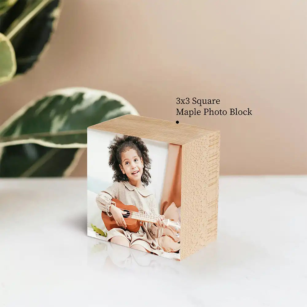 3x3 square maple photo block displaying a photograph on one side.