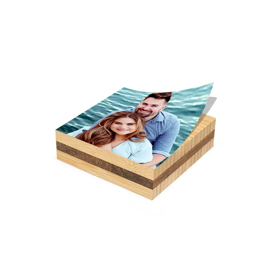 Wooden photo block displaying a couple in water, perfect for a 4x4 bamboo photo