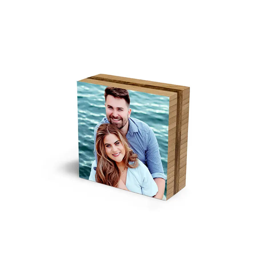 Couple photo on a 4x4 Bamboo Photo Block showcasing personalized wooden decor