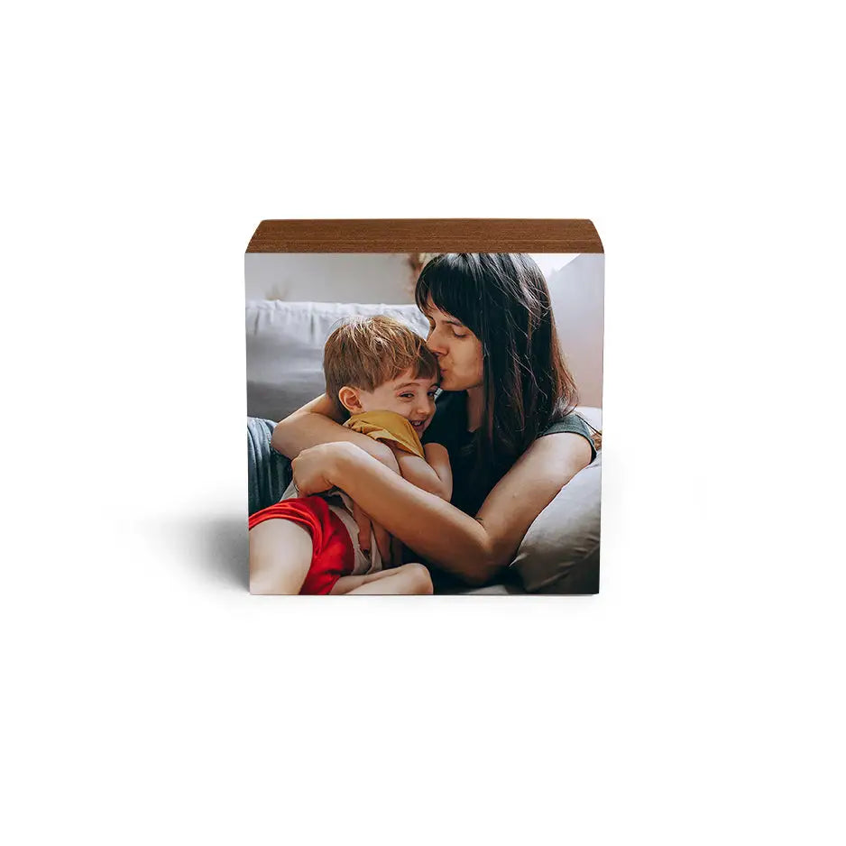 Wooden 4x4 Black Walnut Photo Block featuring a heartwarming mother and child image