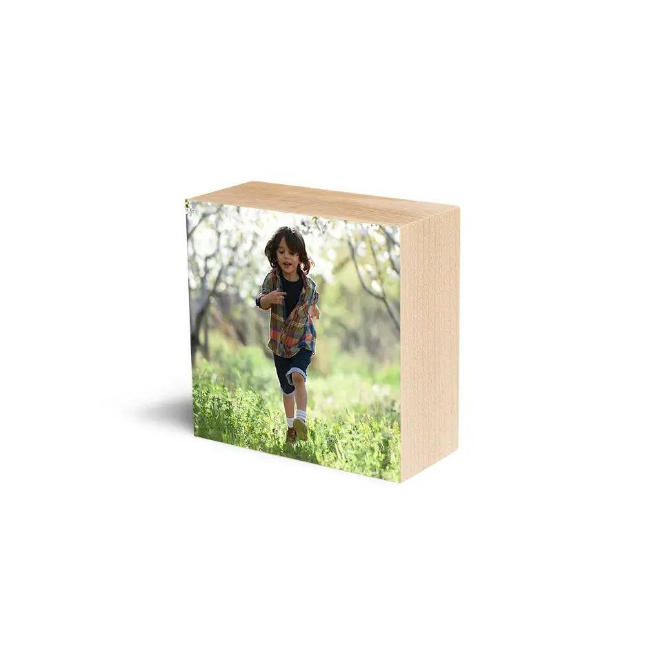 Wooden 4x4 Maple Photo Block featuring a girl in the woods for personalized decor