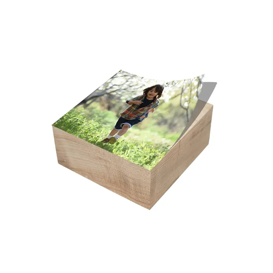 Wooden 4x4 Maple Photo Block featuring a girl in the woods for personalized display