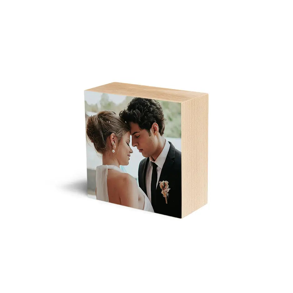 Wooden 4x4 Photo Block Maple featuring a beautiful image of a bride and groom