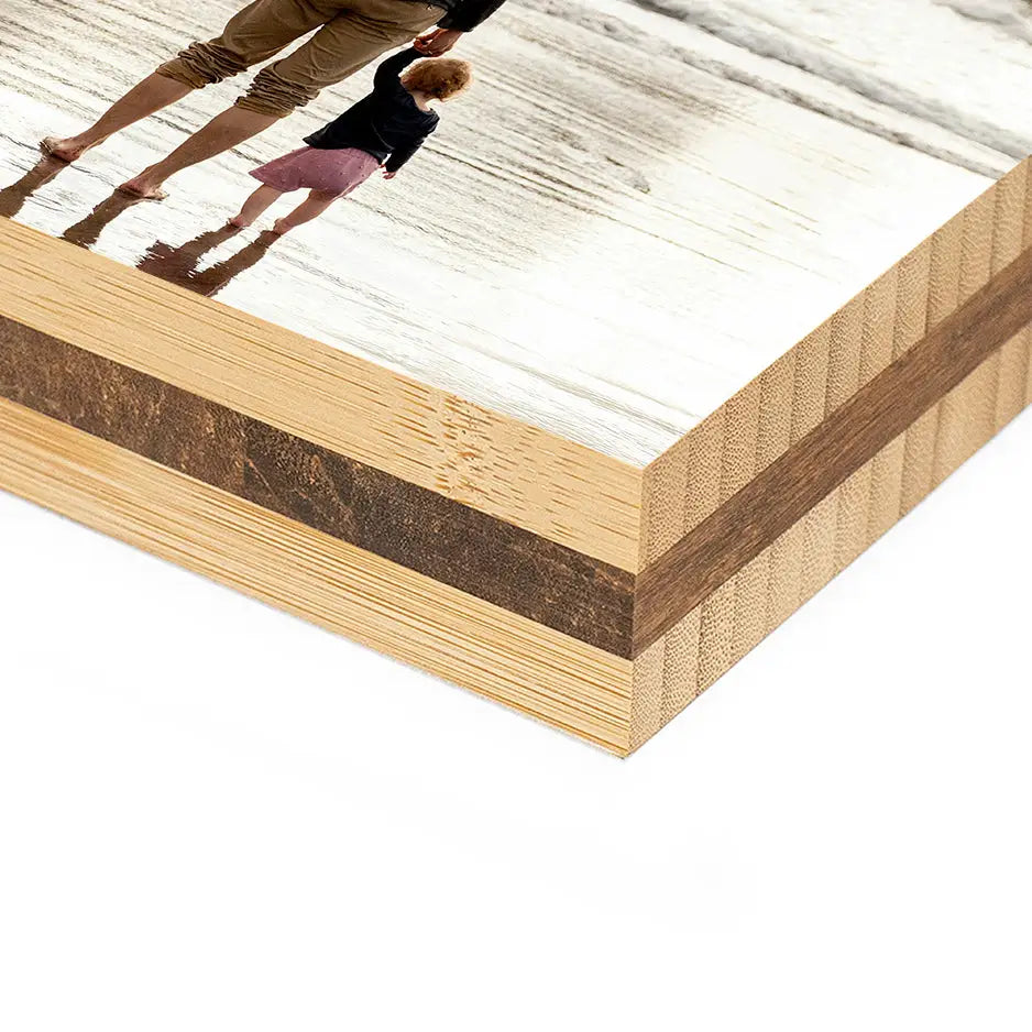 Couple kissing in 5x7 Bamboo Photo Block with stylish wooden frame design