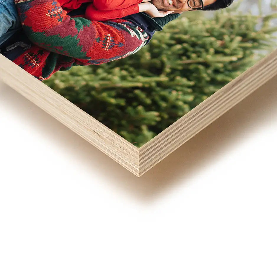 Christmas card featuring a woman in a red sweater on a 5x7 Birch Photo Mount Print