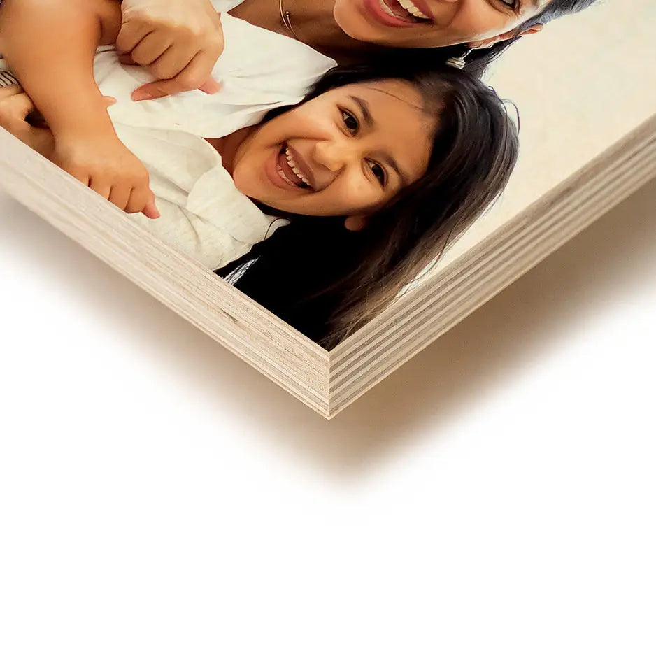 Family portrait on a white background featuring a 5x7 wood print vintage design