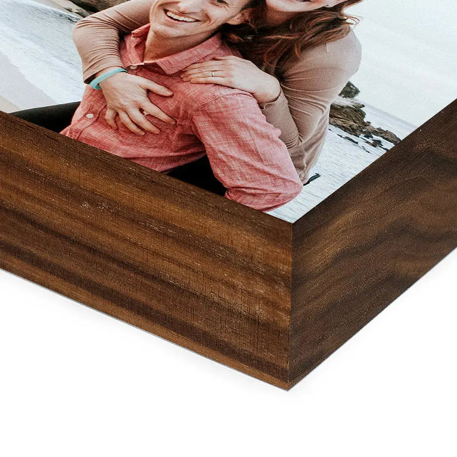 Wooden box displaying a couple’s photo on a 5x7 Black Walnut Photo Block