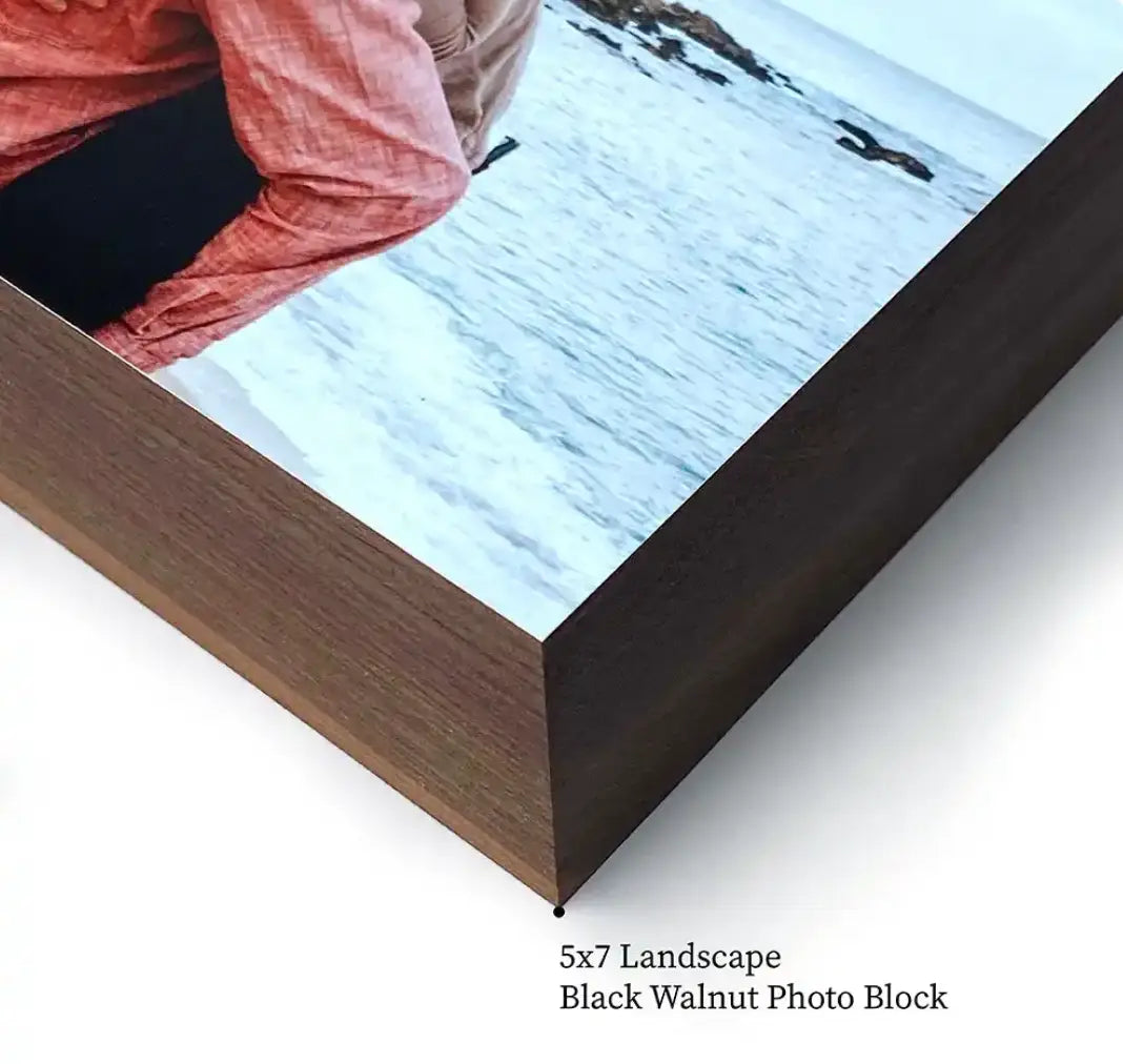 Black Walnut 5x7 landscape photo block highlighting craftsmanship and customization options