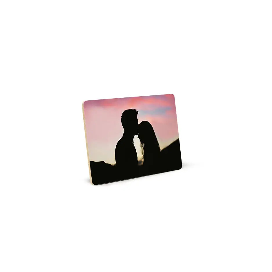 Couple kissing in sunset on 5x7 photo tile for a romantic wood print vintage display