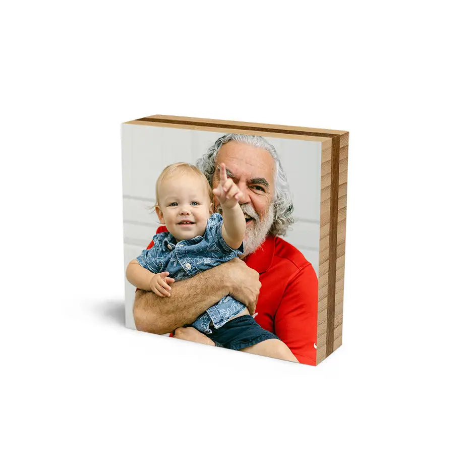 Wooden 6x6 Bamboo Photo Block featuring an older man holding a baby snapshot