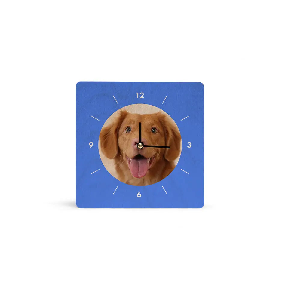 A 6x6 Circle Personalized Clock featuring a dog’s face design for pet lovers