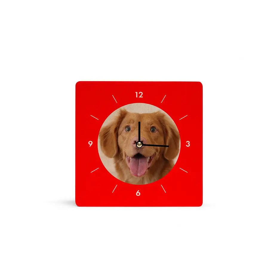 A unique 6x6 Circle Personalized Clock featuring a dog’s face design