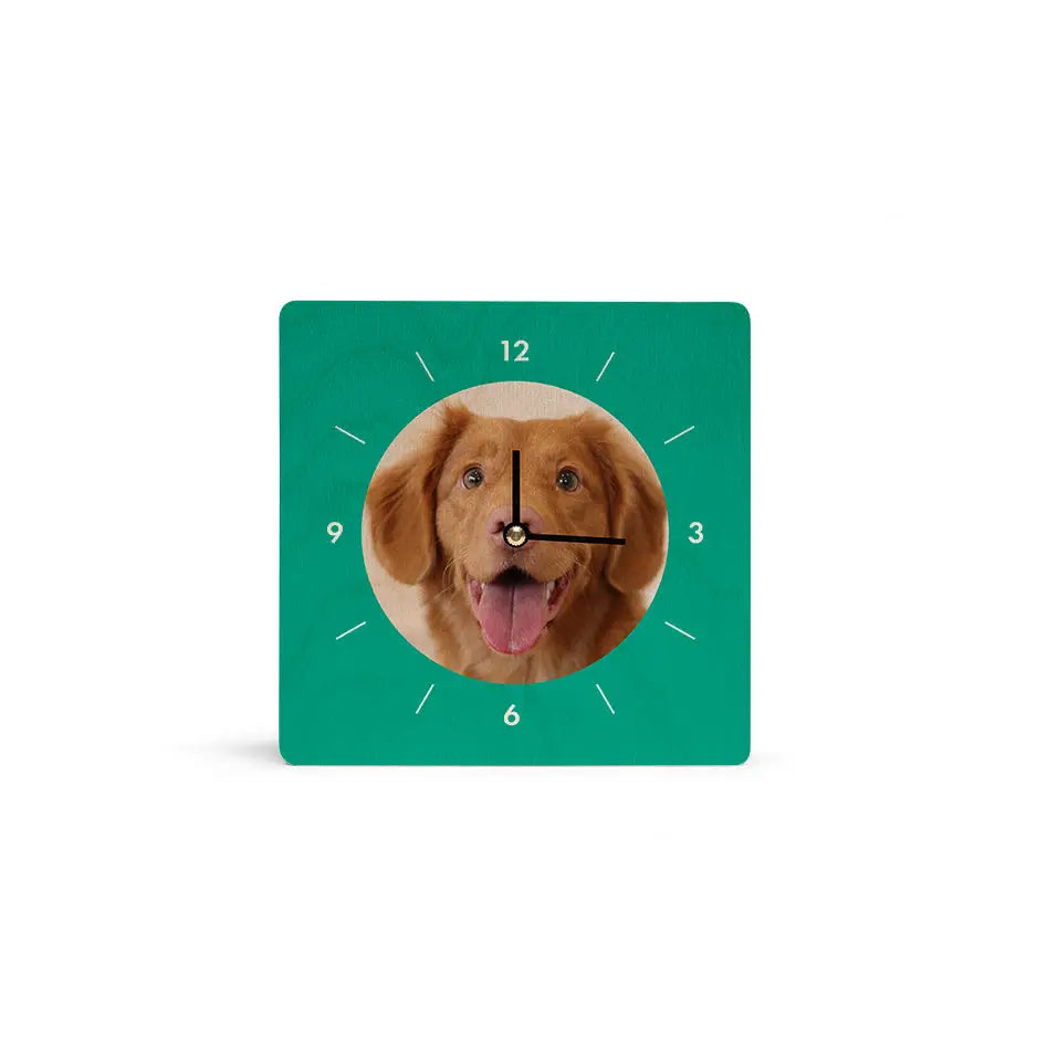 Personalized clock featuring a dog’s face in a 6x6 circle design for pet lovers