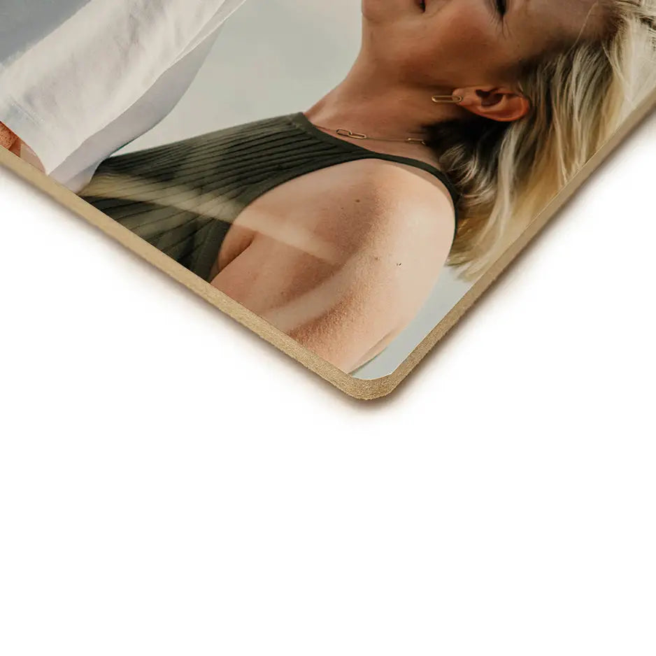 Woman with blonde hair in a white shirt on a 6x6 photo tile wood print vintage