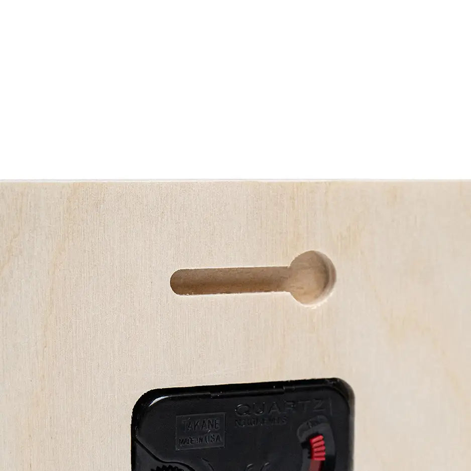 Back view of a wooden box with a black latch for a Square Personalized Clock