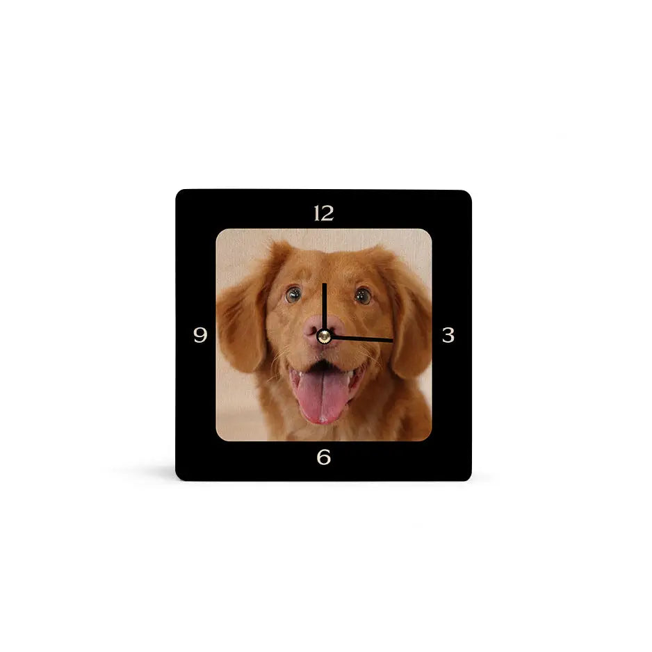 Personalized clock featuring a dog’s face on a 6x6 square personalized clock design