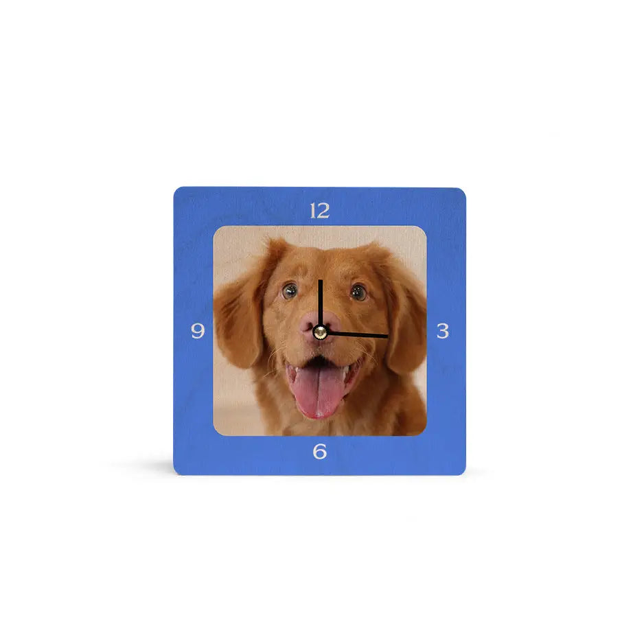 Personalized clock featuring a dog’s face on a 6x6 square personalized clock