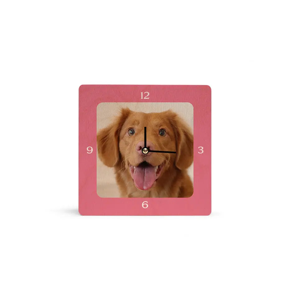 Personalized clock featuring a dog’s face in a 6x6 square design