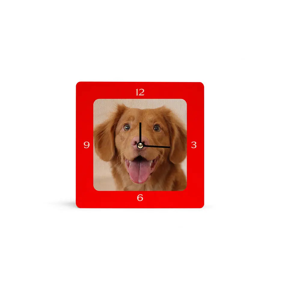 Personalized clock featuring a playful dog’s face on a 6x6 square personalized clock