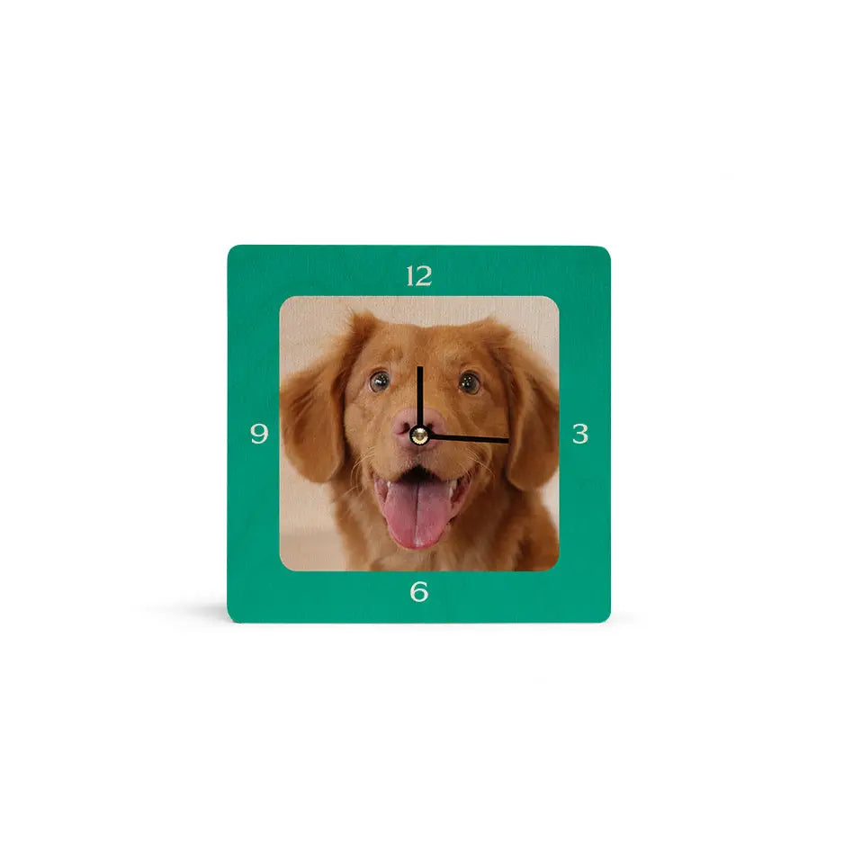 Dog face design on a 6x6 Square Personalized Clock for pet lovers