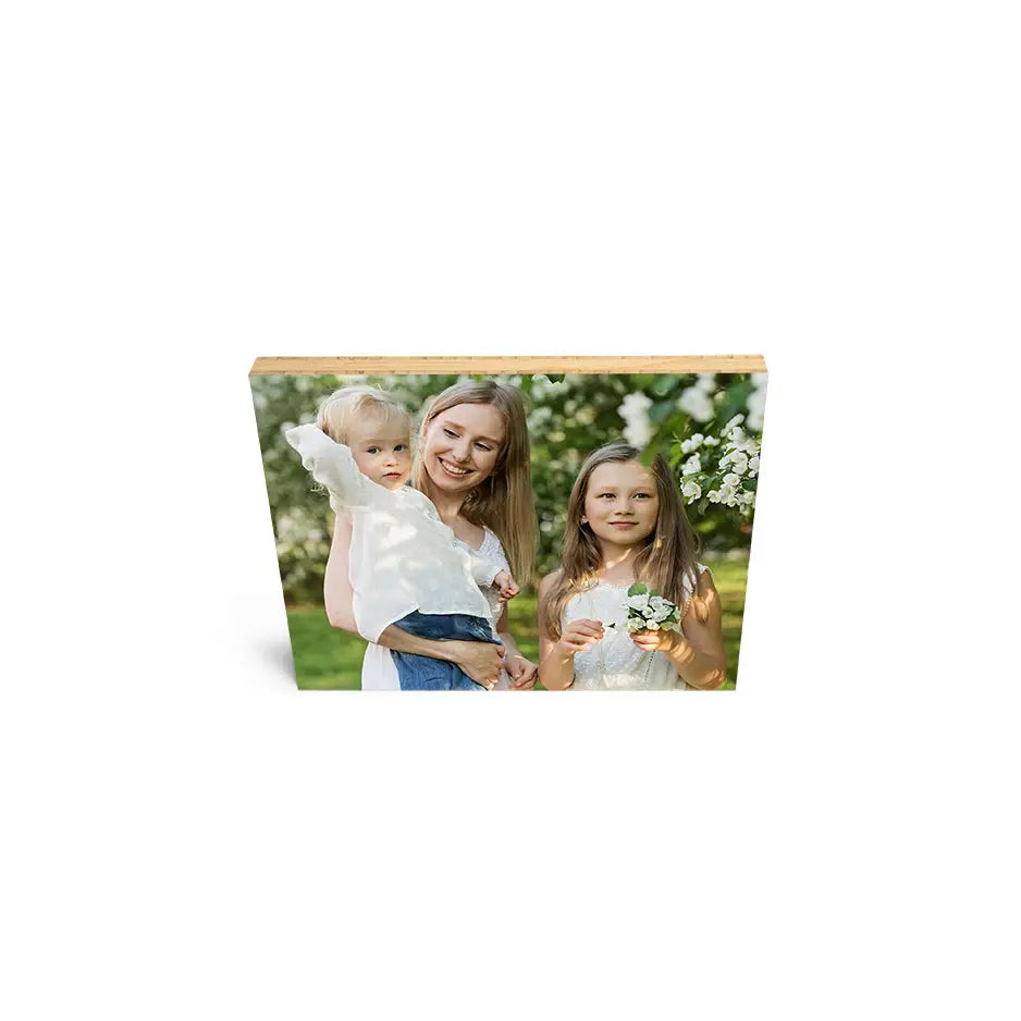 Two girls in a field on an 8x10 bamboo wood print, perfect for decor and memories