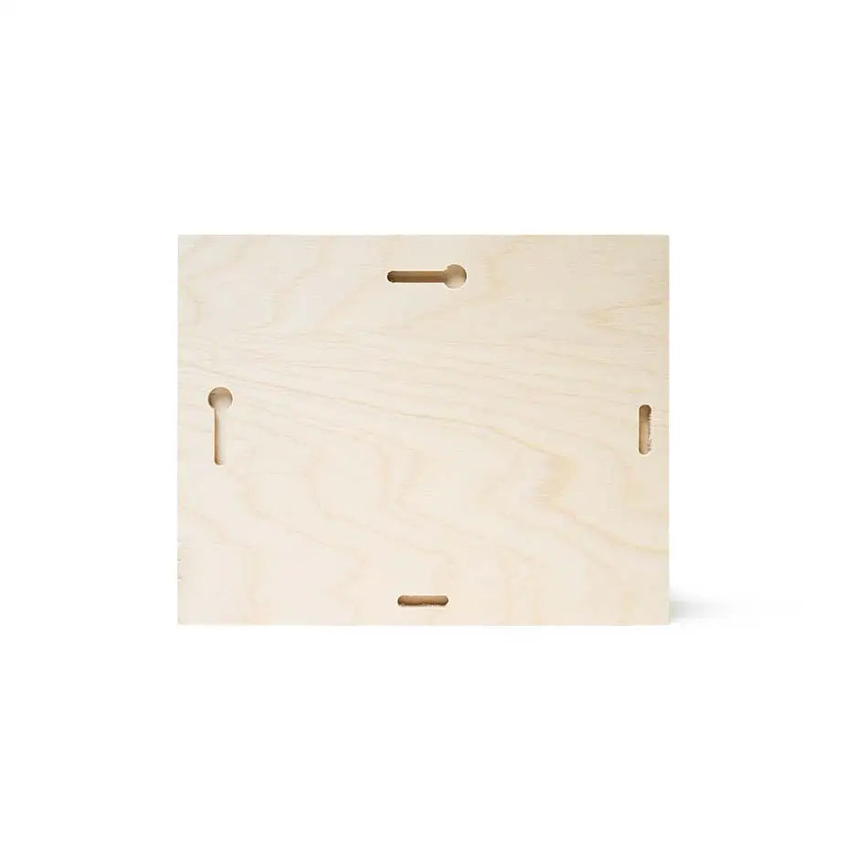 Wooden box with handle showcasing an 8x10 blank birch panel for crafting projects