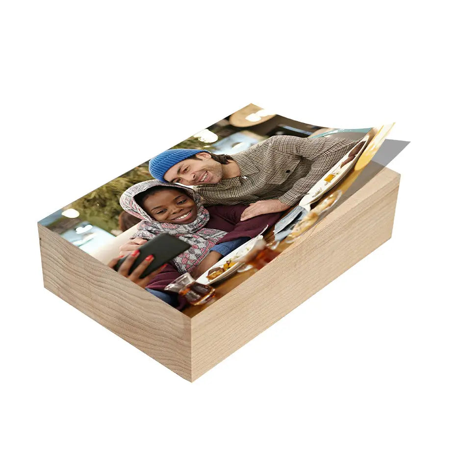 Wooden box featuring an 8x10 maple photo of a woman and child in a photo locket wood