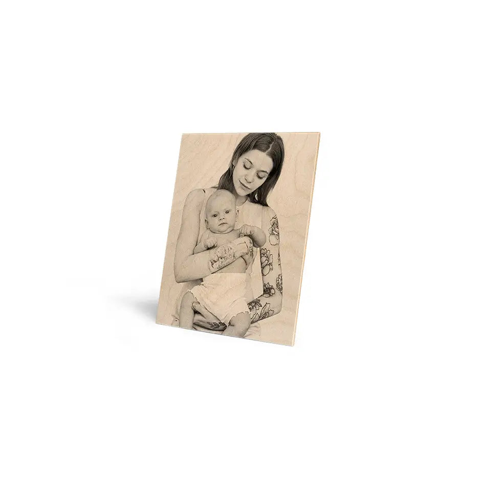 Woman holding a baby in a wooden photo frame for 8x10 Original Cove Print