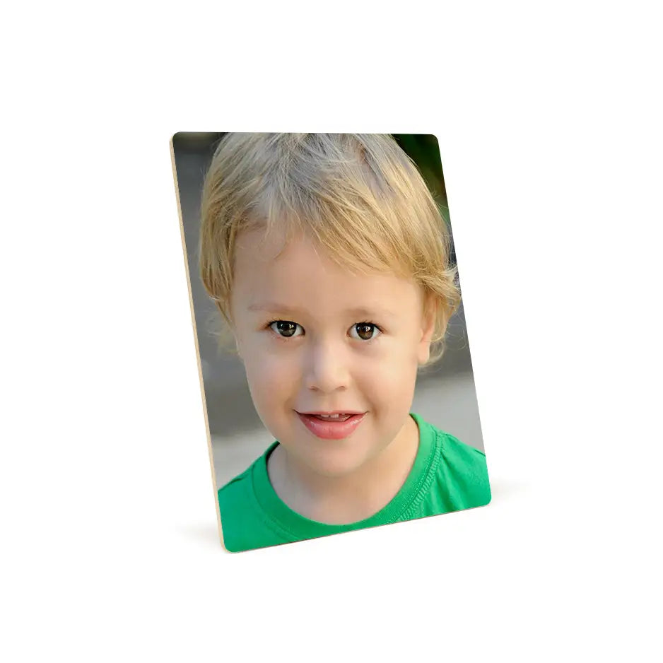 Young boy with blonde hair on an 8x10 photo tile showcasing a charming moment