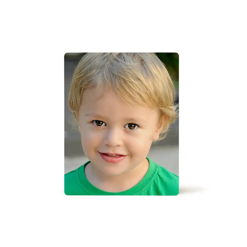 Young boy with blonde hair in green shirt on 8x10 photo tile product display