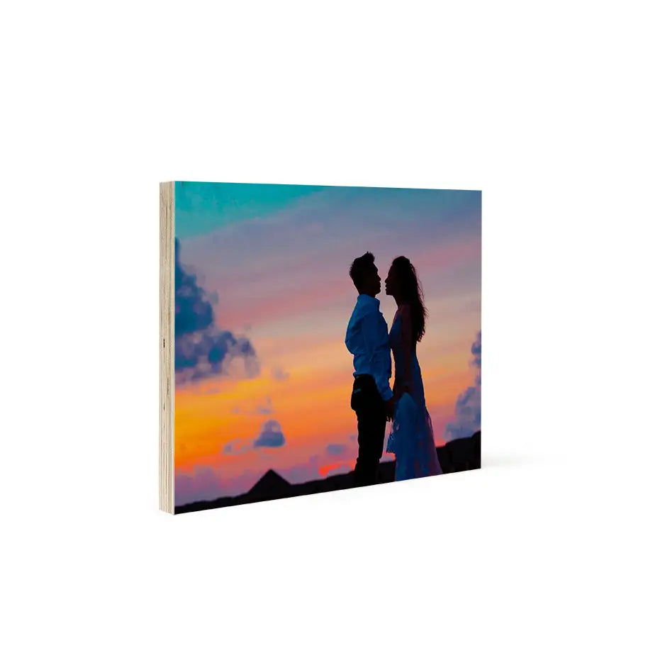 Couple kissing at sunset on 8x10 Wood Print Bright White, perfect for home decor