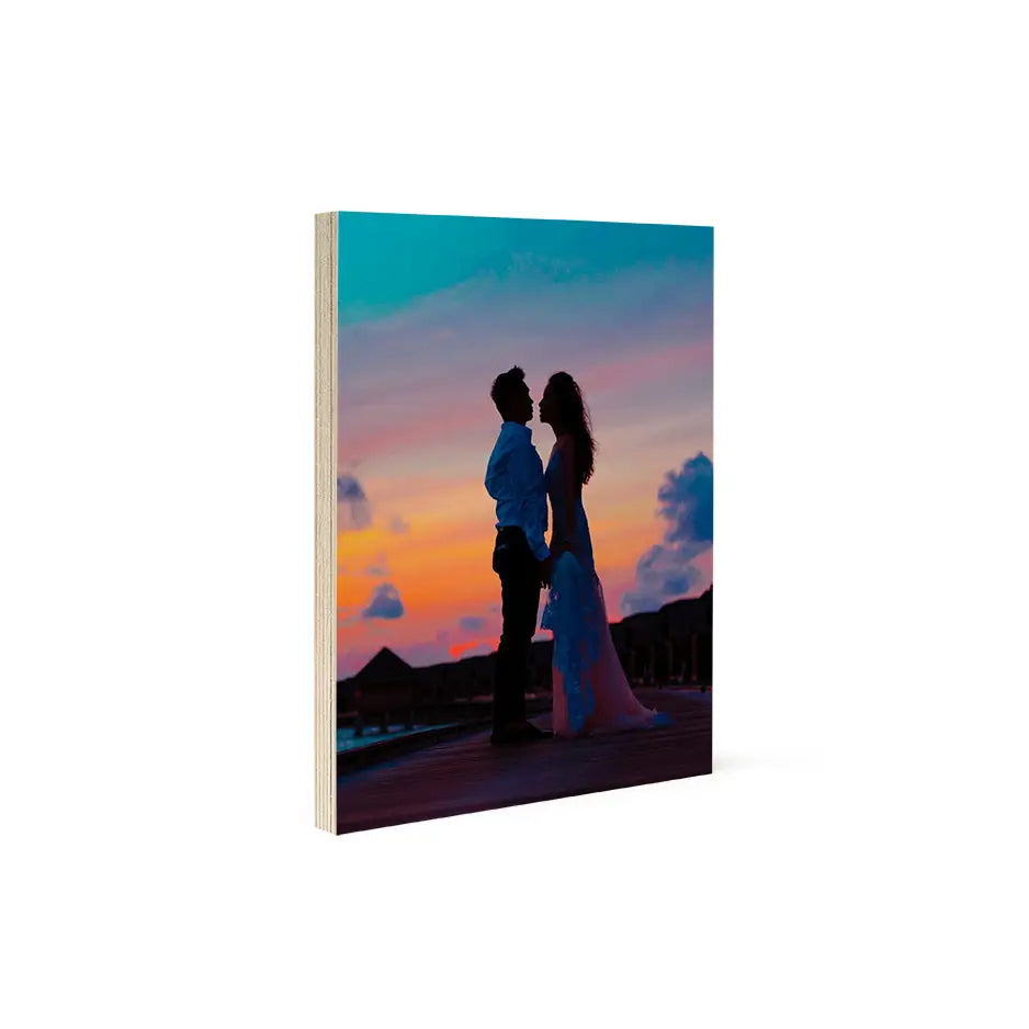 Couple silhouette at sunset on an 8x10 wood print bright white for home decor